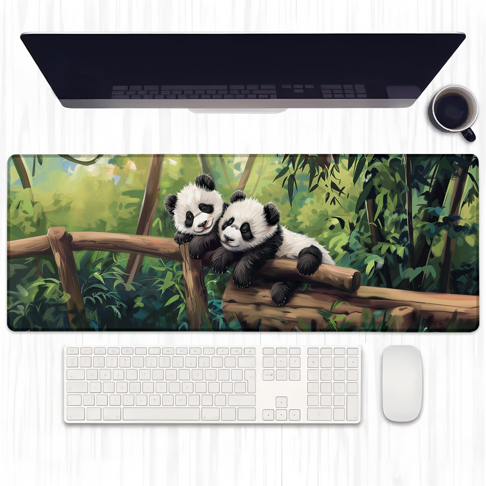Ti Caldi Cute Panda Gaming Mouse Pad, Extended Pandas on Wooden Fence Desk Mat Computer Laptop Mousepad, Robust Stitched Edges, 31.5"×11.8" Large Office Keyboard Mouse Pads for Home Desktop Decor
