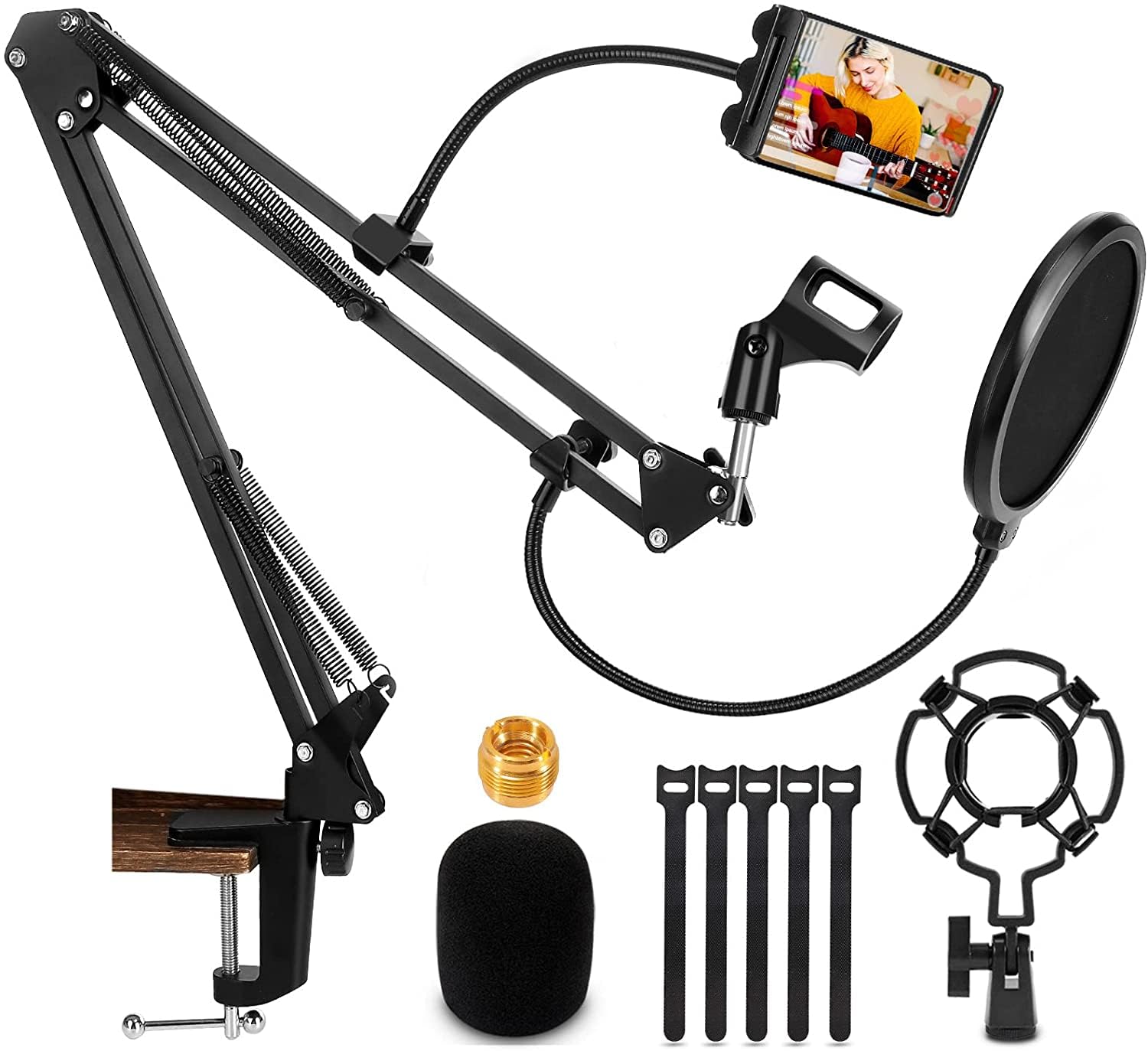 Microphone Arm, Adjustable Microphone Stand with 3/8" 5/8" Adapter, Microphone Clip for Blue Yeti, HyperX QuadCast, Snowball, for Live Broadcasting, Recording, Singing, etc.