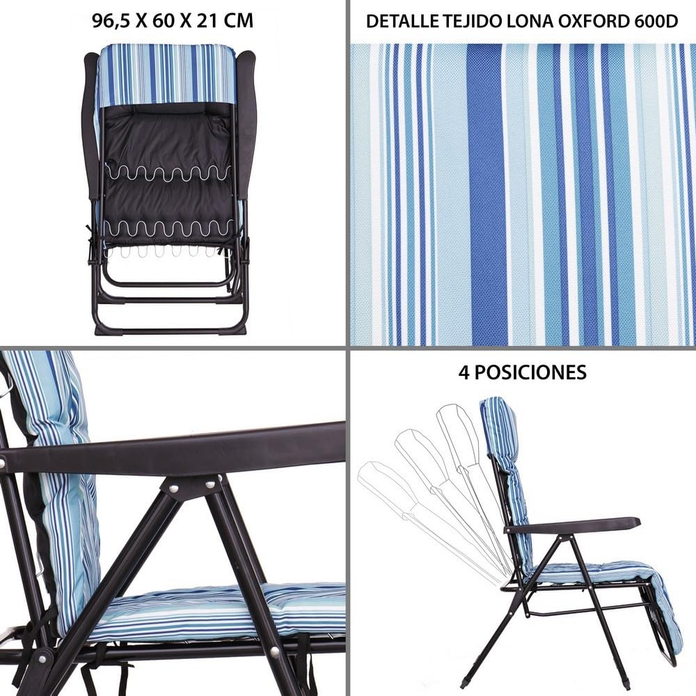 LOLAhome Set de 2 Sillones de Jardín Acolchado, Reclinable con Reposapiés Azul. Estructura de Tubo de Acero anticorrosión y Lona a Rayas. Colchón de 5 cm de Grosor, Plegable. 61x58x106 cm.