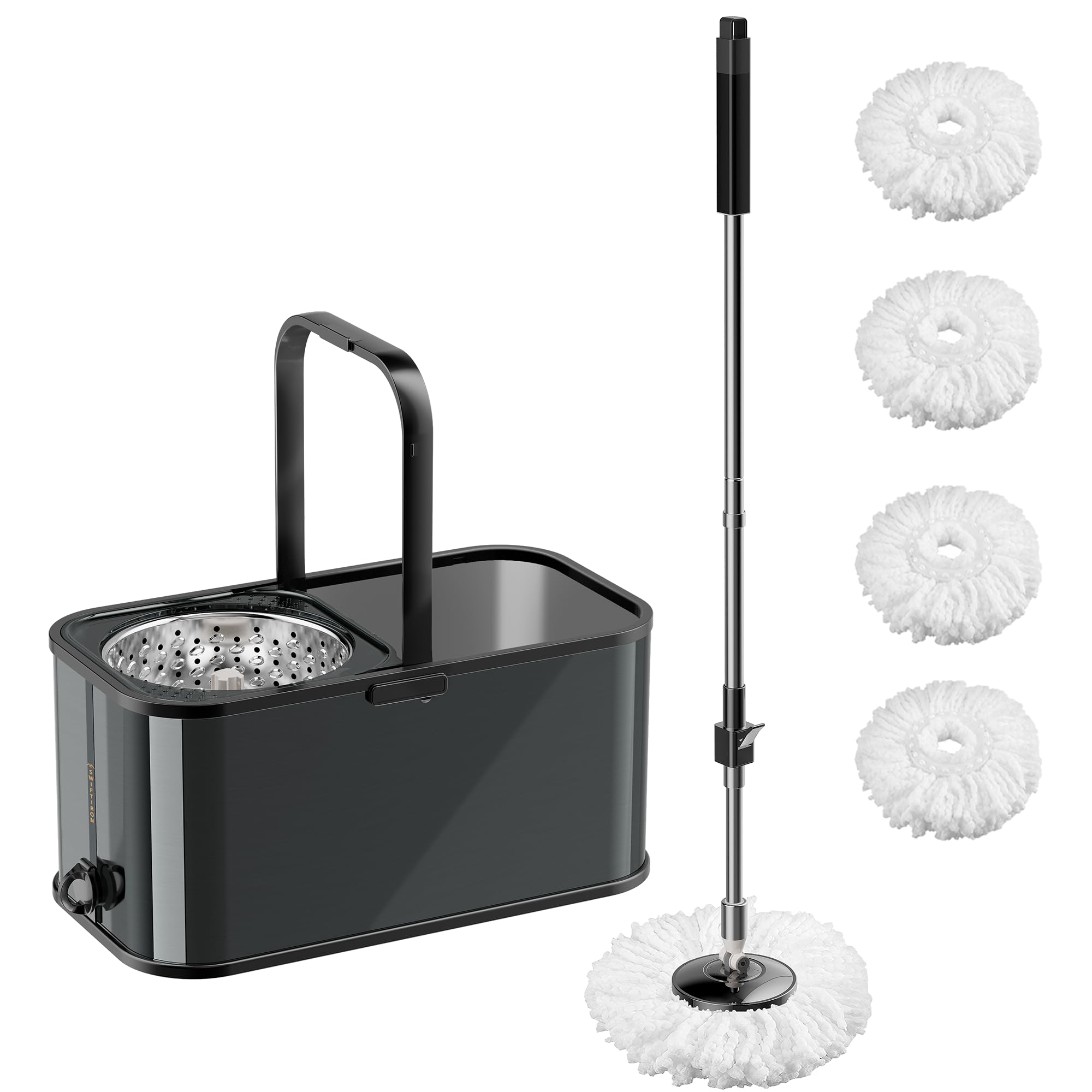 Juego de fregona giratoria y cubo, sistema de limpieza de piso giratorio de 360 grados con 4 recambios de cabezal de microfibra de repuesto, mango extensible de 53 pulgadas (negro)