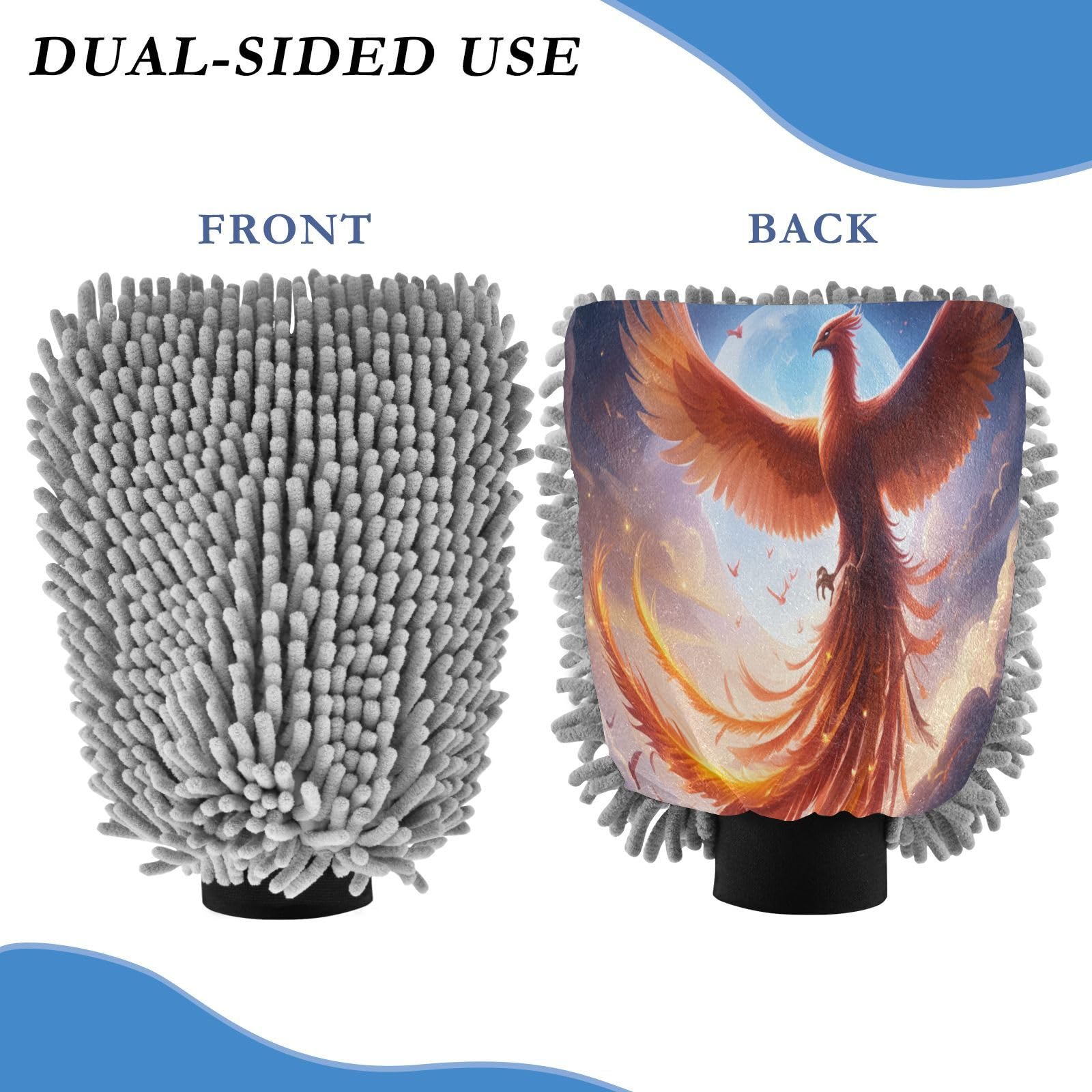 STAYTOP Beautiful Phoenix of Fire Car Wash Mitt Microfiber, 2Pcs Scratch Free Lint-Free, Premium Chenille Microfiber Mitt Car Wash Brush-M