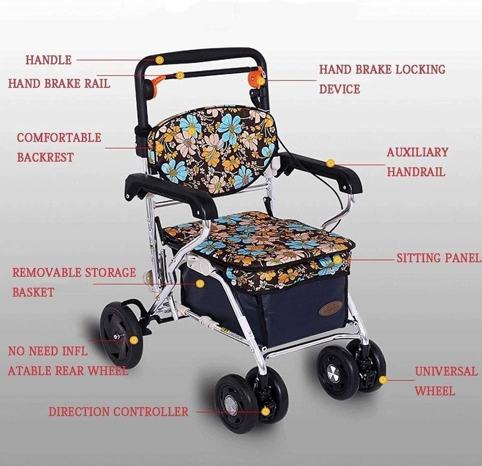 Rollator Walker Rama do chodzenia Standardowy chodzik Rollator 4 koła Rollator do chodzenia, składana pomoc w chodzeniu, siedzisko z regulacją wysokości Chodzik dla osób starszych Tęsknota za