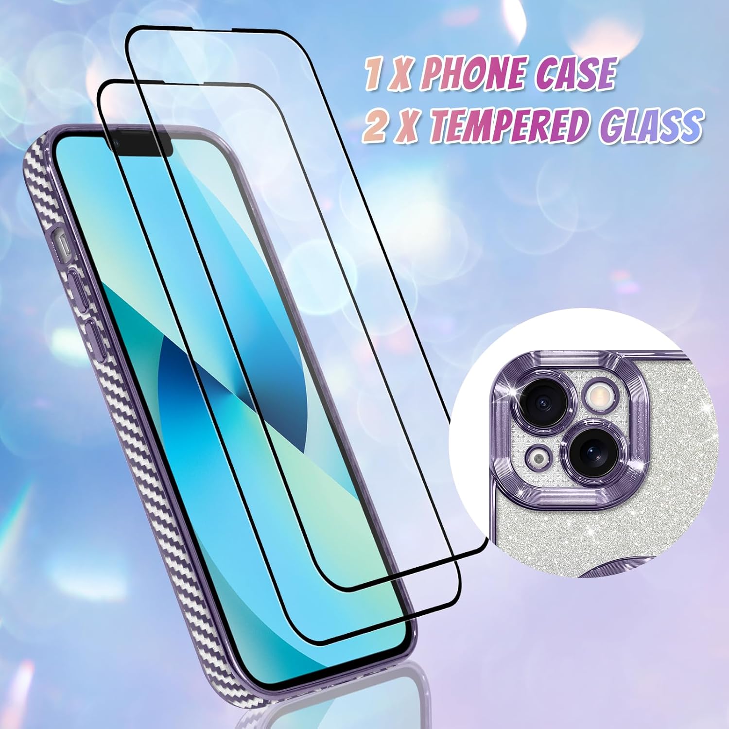 Bonoma Compatible with iPhone 13 Case Support for MagSafe, Plating Heart Glitter Magnetic 2* Screen Protector TPU Camera Protection Back Cover for Girls Women -Purple - Image 2