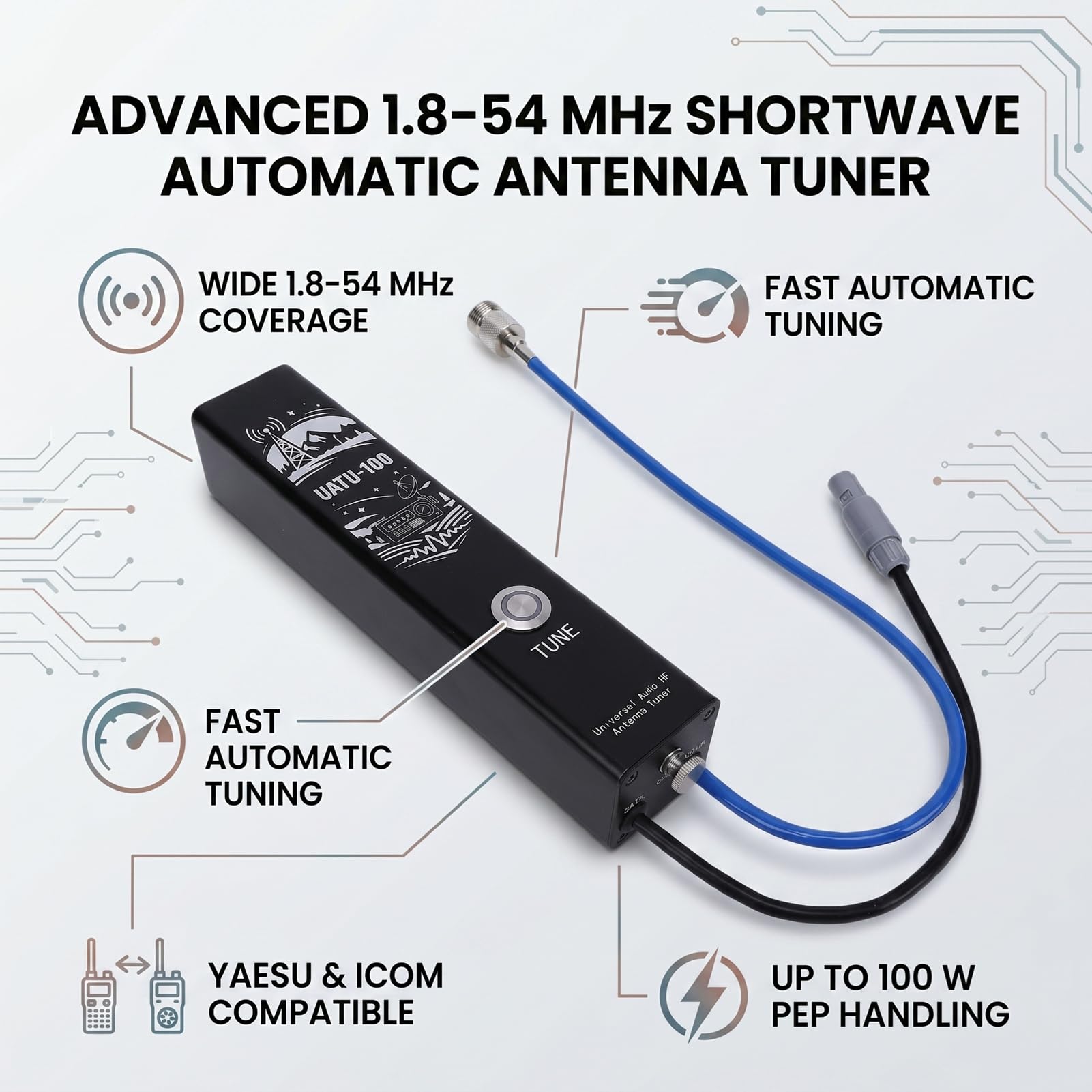 Eujgoov Sintonizzatore Automatico Kit Sintonizzatore Antenne Automatico HF 1.8-54MHz Onde Corte 100W 5-1500 Ohm 200 Memoria Design Sottile con Sintonizzazione Rapida per Radio HF