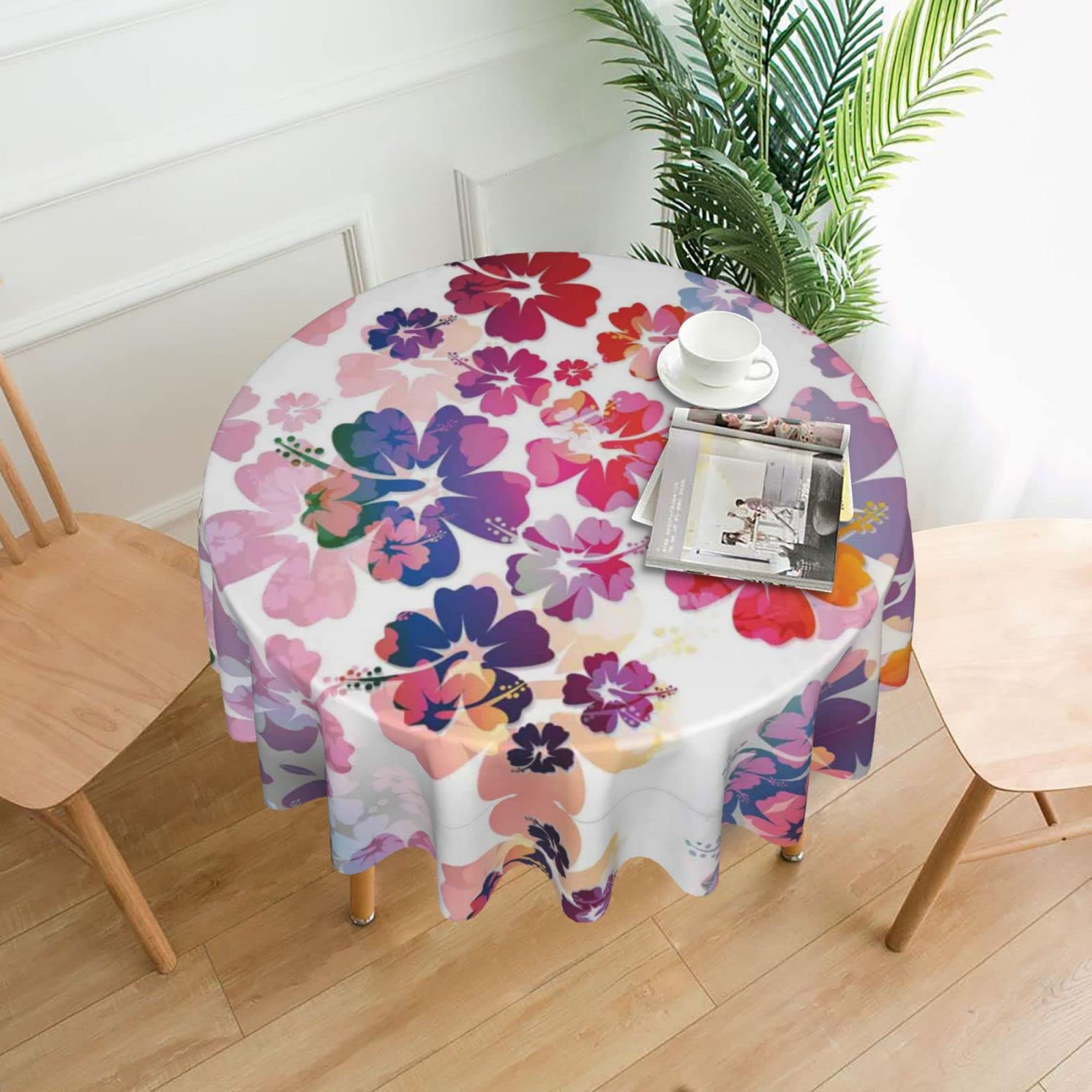Lawenp Hawaiian Flower Print Decorative Round Table Cloths - 60 Inches in Diameter for Buffet Tables, Parties, Holiday Dinners.