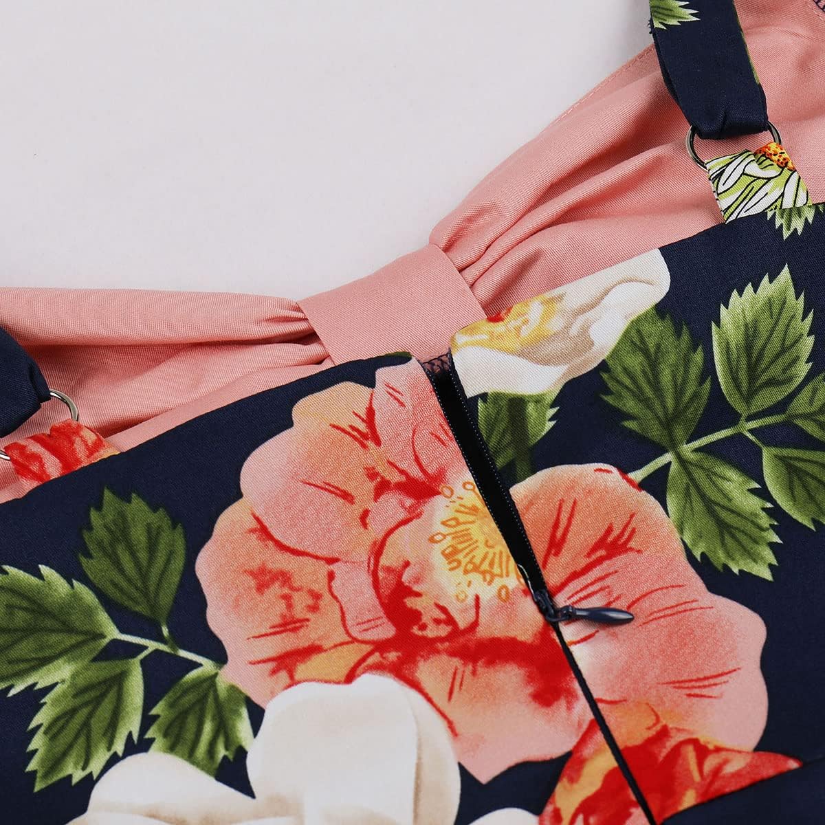 Women Spaghetti Straps 50s Vintage Floral Print Cocktail Party Swing Dress Pinup Contrast Color Block Retro 1950s Audrey Rockabilly Prom Dress Fared A-line Backless Wedding Dress Pink+Dark Blue XL - Image 6