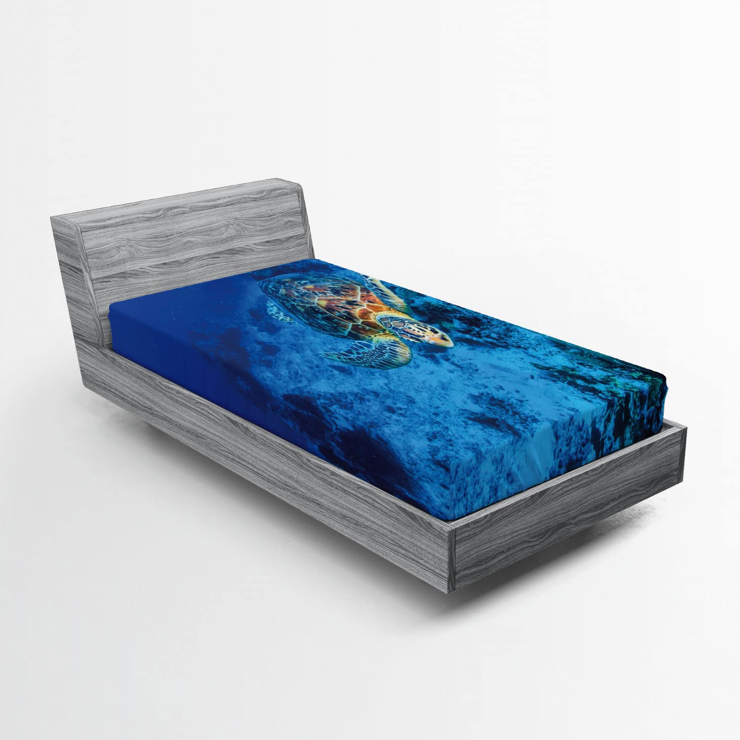 AmbesonneTurtle Fitted Sheet, Oceanic Wildlife Themed Photo of Sea Turtle in Deep Blue Waters Coral Reef Hawaiian, Soft Decorative Fabric Bedding All-Round Elastic Pocket, Twin Size, Orange Blue