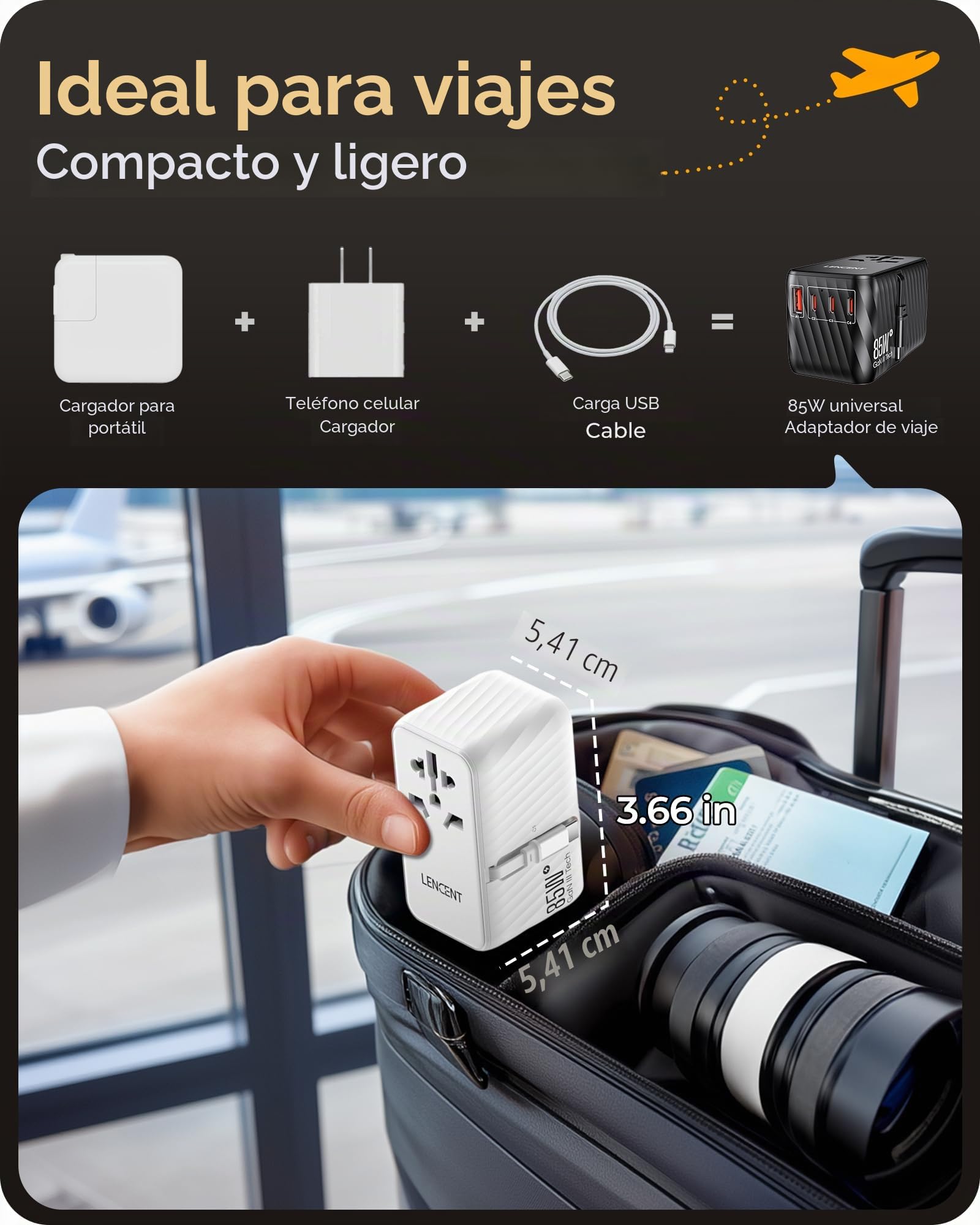 LENCENT Adaptador Universal 85W con Cable Retráctil USB C | Enchufe Internacional Tecnología GAN 3 Puertos Tipo-C y USB-A para Carga Rápida, Cargador Viaje para EU a UK, AUS, US, Blanco