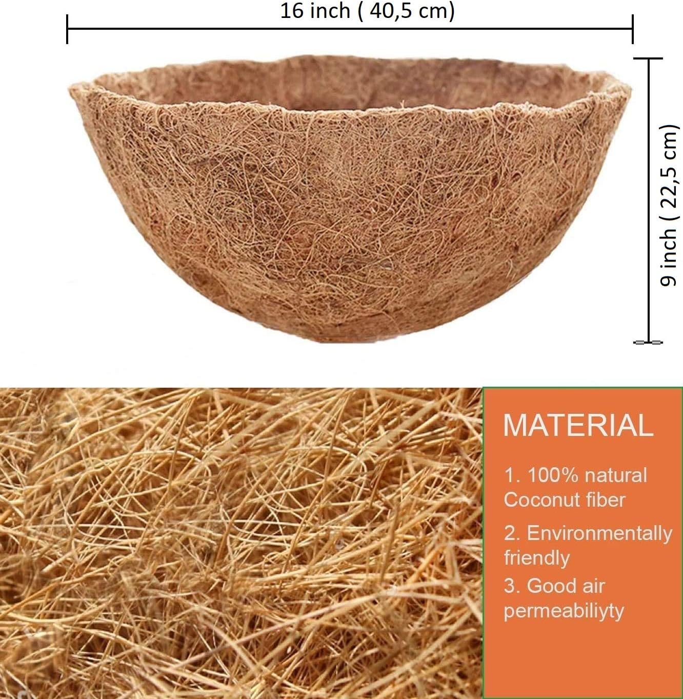 CABASAA Thick Coco Coir Liners for Hanging Planter Basket, 100% Natural Round Coconut Fiber Replacement Liners 16 Inch (Set of 2)