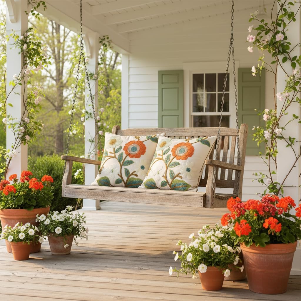 Green and Orange Throw Pillow Covers 18x18 Set of 2 Flowers with Leaves Embroidery Pillow Cushion Case Spring Summer Decorative Farmhouse Pillowcases Square Rustic Floral Pillow Case