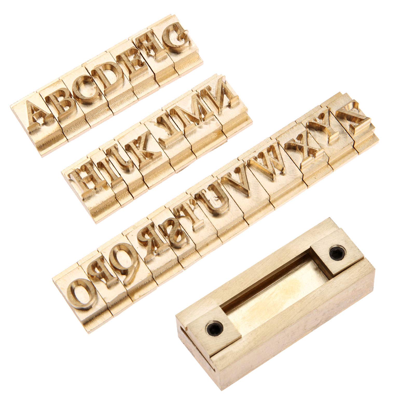26PCS Brass Capital Letters Times New Roman Stamp Mold Set with 5cm T-Slot Fixture Holder – Includes 8mm Diameter Screw Holes and Rods for Secure Mounting