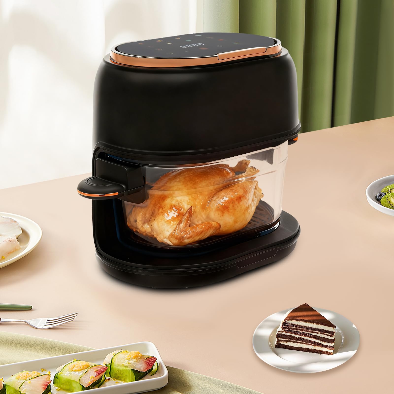 Freidora de aire caliente de 4 L con pantalla táctil y cesta de cristal visible, 1350 W, 220-240 V, 140-374 F, temporizador de 24 horas, freidora de aire caliente multifuncional para familia, patatas