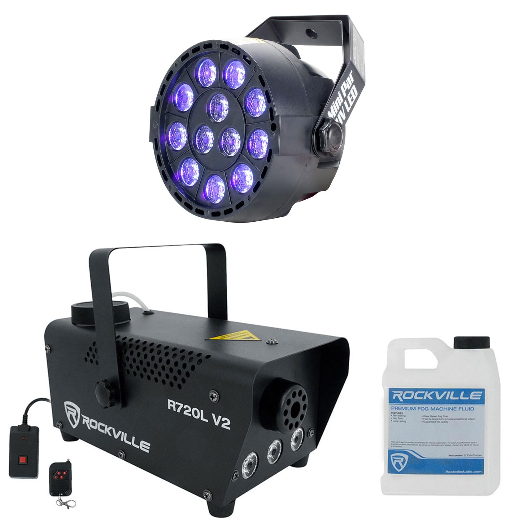 (1) Rockville R720L Fog/Smoke Machine w/Remote+Fluid+Multi Color LED Built in! Bundle with (1) Mini Par UV LED DMX Par Can Blacklight for DJ/Stage/Clubs/Bars ADJ (2 Items)