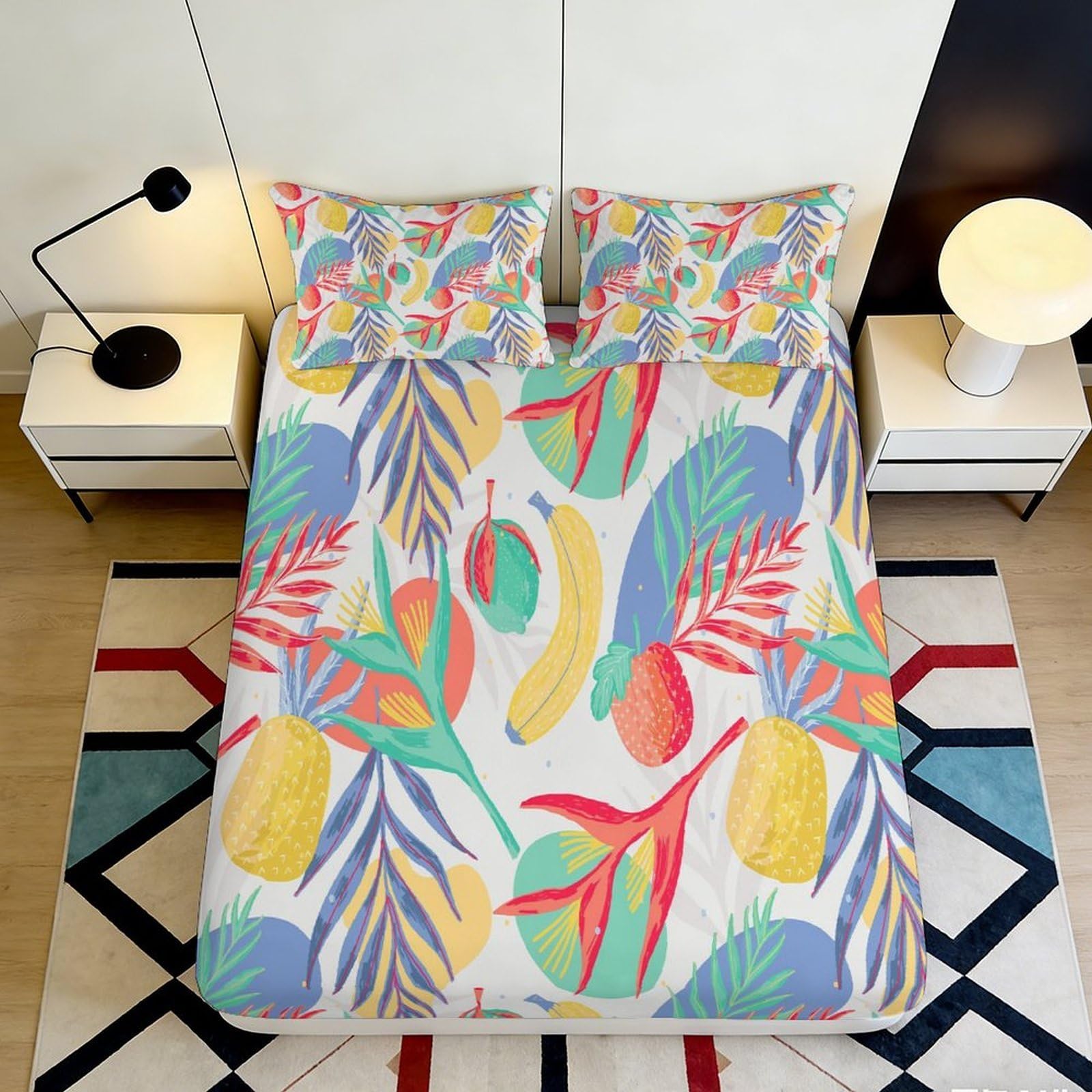3D Printed Tropical Fruit Fitted Sheet Microfiber Anti-Slip Bed Cover Colorful Leaves Banana Strawberry Pineapple Pattern for Bedroom Dorm 200x200x25cm