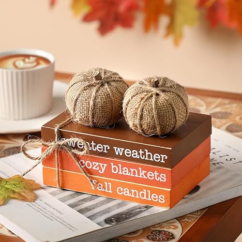 Miniatura 2 de KORMMCO Decoración de Acción de Gracias, decoración de bandeja escalonada de otoño, pila de libros de madera con hojas de arce y calabazas, paquete
