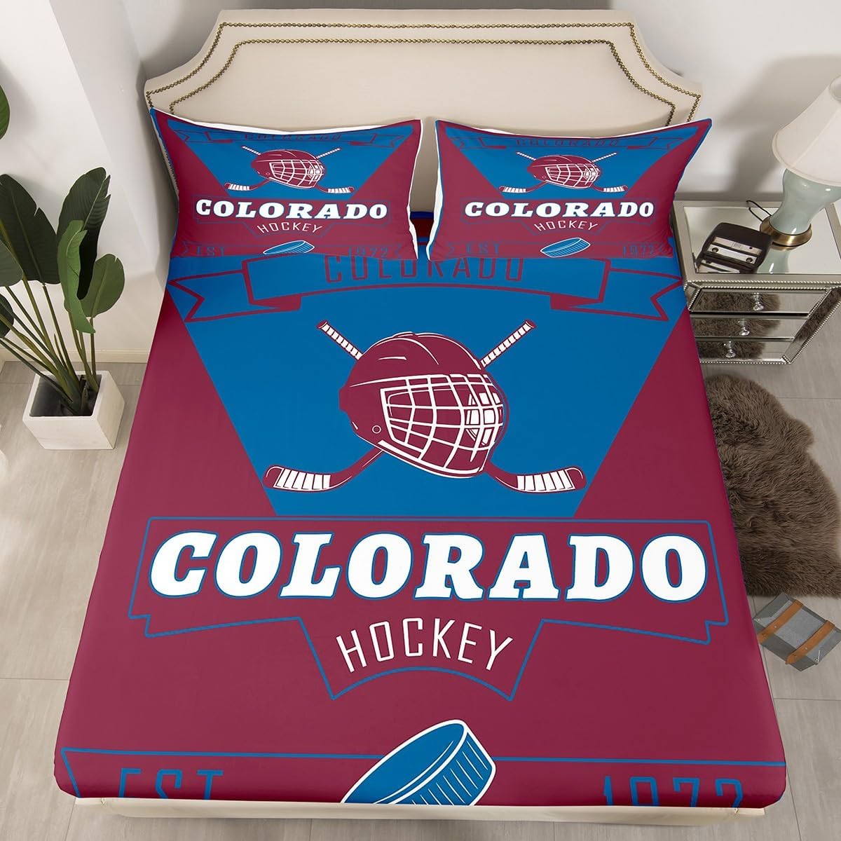 Feelyou Ice Hockey Bed Sheets Set Queen Size Colorado Bed Set Ice Hockey City Team Deep Pocket Fitted Sheet Winter Sports Breathable Soft Lightweight Microfiber