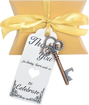 Aokbean 50pcs Skeleton Key Bottle Openers Wedding Party Favors Souvenir Gift Set for Guests Pillow Candy Box Escort Thank You Tag French Ribbon Copper