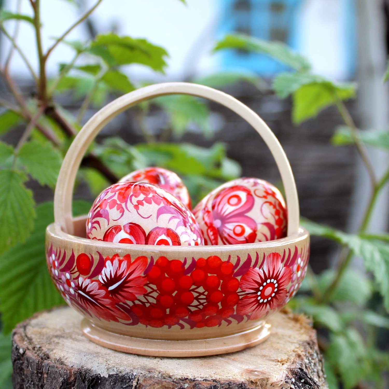 Originelles Osterkörbchen aus Holz | Hochwertige Ostertischdeko | Ukrainische Ostereier aus Holz | schönes Ostergeschenk