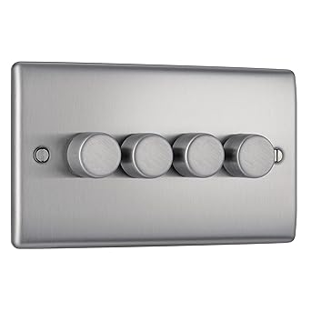 BG Electrical Quadruple Dimmer Light Switch, Brushed Steel, 2-Way, 400 Watts