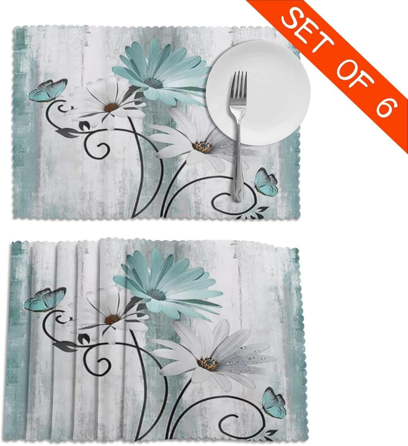 Farmhouse Farm Teal Daisy Floral Flowers and Butterfly On Country Dinner Plate Mats Set of 6 12x18 Inch, Heat Resistant Non-Slip Table Mats for Holiday Banquet Kitchen Table Decoration