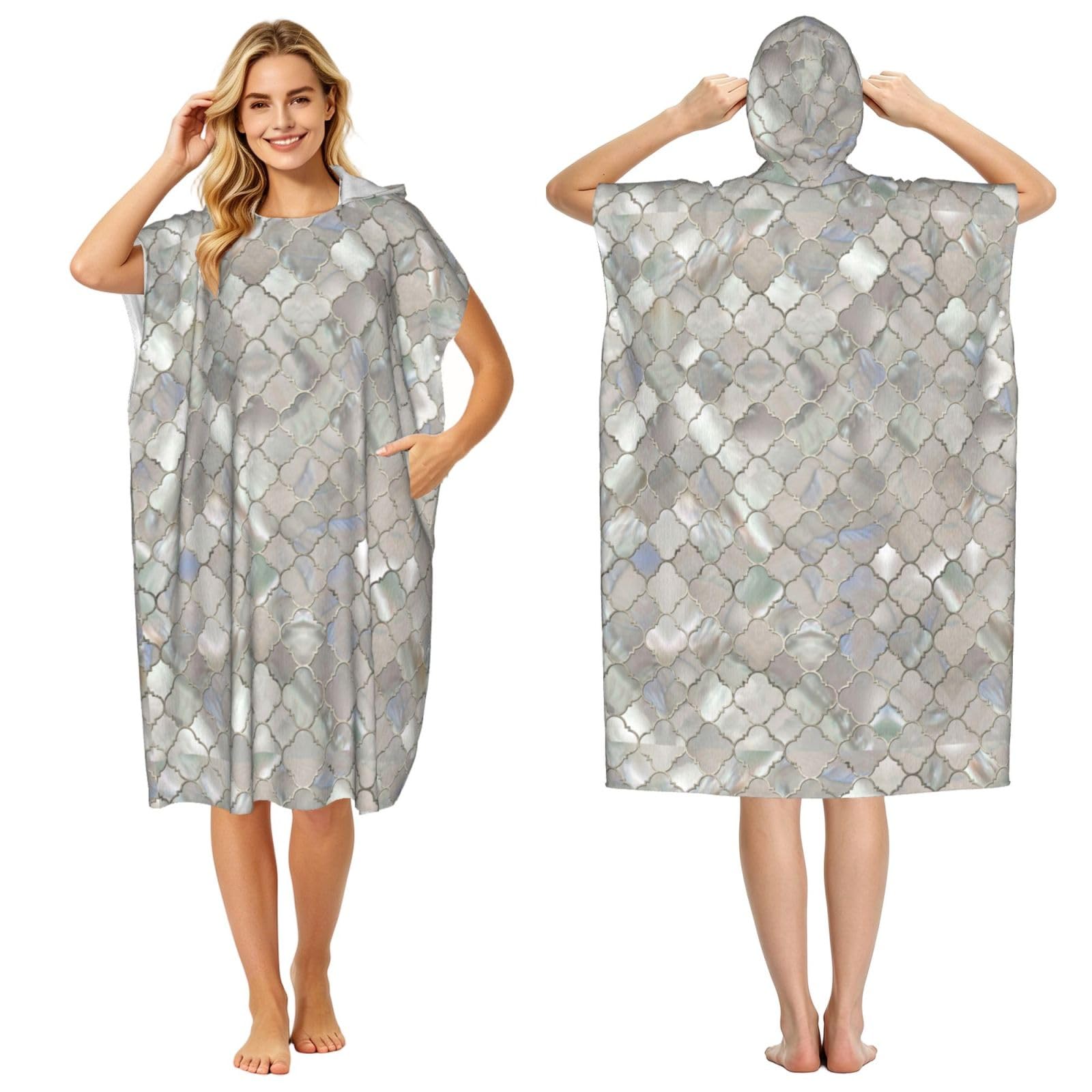 Poadnly Quatrefoil Moroccan Mother Of Pearl, Adult Hooded Beach Towel 90 x 110 cm,Changing Bath Robe, Surf Poncho Towel For Women Men