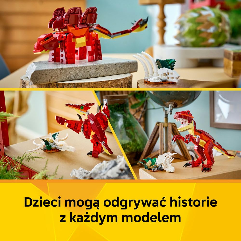 LEGO Creator 3 w 1 Groźny dinozaur, trzy opcje budowania: welociraptor, stegozaur lub pterozaur, zabawka konstrukcyjna dla chłopca i dziewczynki, prezent dla dzieci w wieku od 8 lat 31379