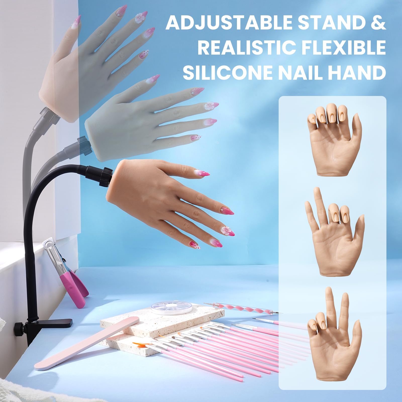 Yokilly Mano para Practicar Uñas: Silicona Mano de Practicas de Uñas - Flexible Mano Articulada Practicas Con 240 Puntas De Uñas/15 PCS Set de Nail Art Cepillo/Archivo De Uñas – Manicura De Uñas