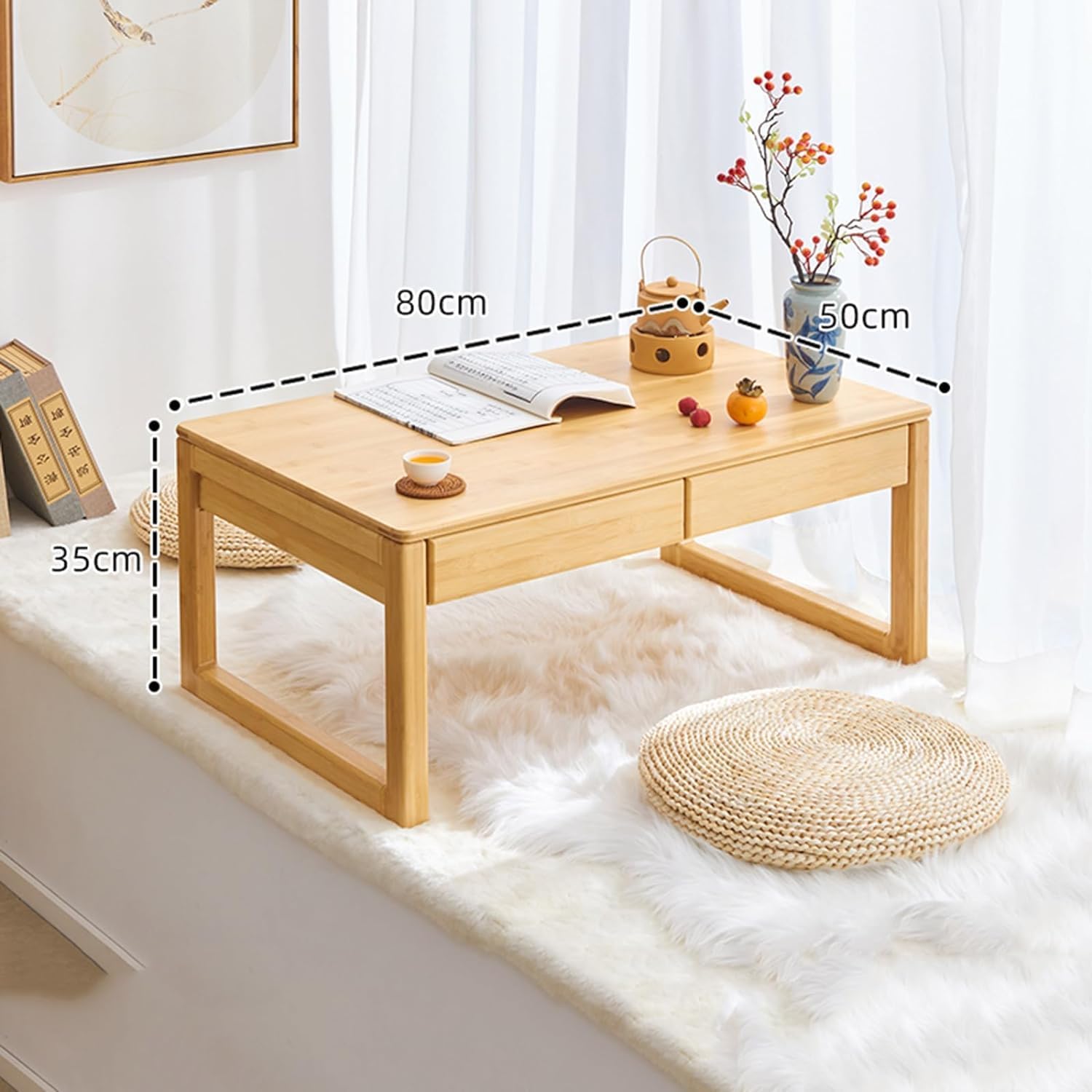 Aimery Office End Table Low Side Table,Square Wooden Window Table with Storage Drawers, Sofa Side Table for Bedroom Balcony Lounge (Size : 80 * 50 * 35CM)