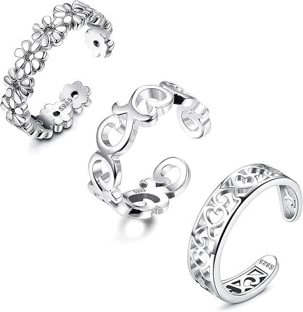 LOLIAS 925 Sterling Silver Open Toe Rings Set Finger Celtic Ring Joint Ring for Women Girls Hypoallergenic Adjustable Open Heart Toe Rings Tail Finger Flower Rings Set 3Pcs Beach Foot Ring Jewelry
