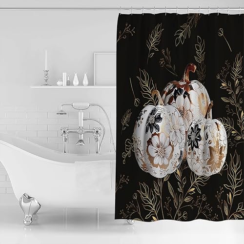 Miniatura 2 de Juego de cortinas de ducha de calabazas de Acción de Gracias, impermeable, lavable, bohemio, divertido, lindo juego de cortinas de ducha para baño,