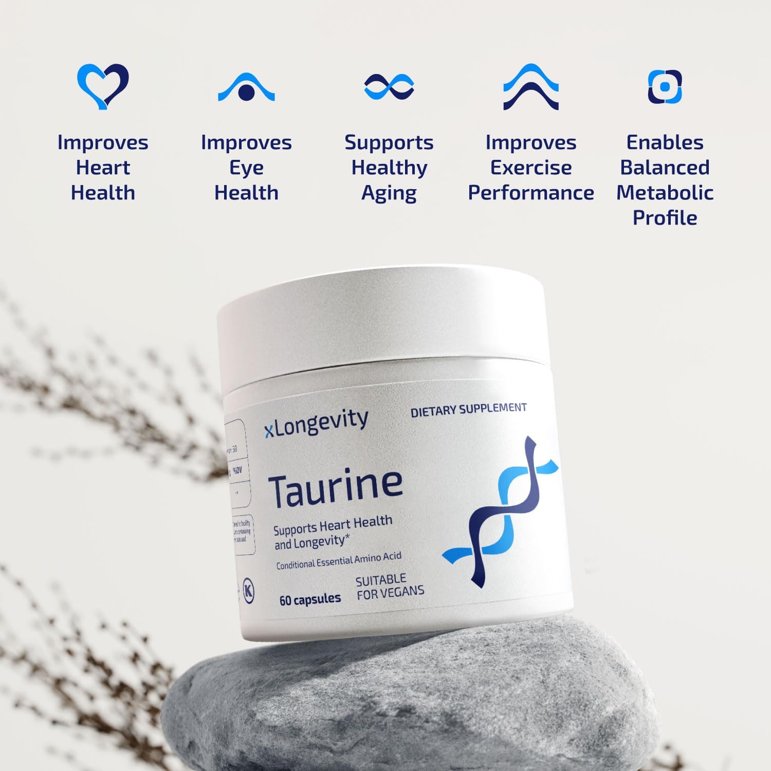 xLongevity L Taurine Supplement 1000 mg - 60 Vegan Capsules for Heart, Men & Women, Lab-Tested, Muscle Recovery Support, Energy, Brain, Eye Health & Immunity - Daily 2 tablets, 30 days serving 1