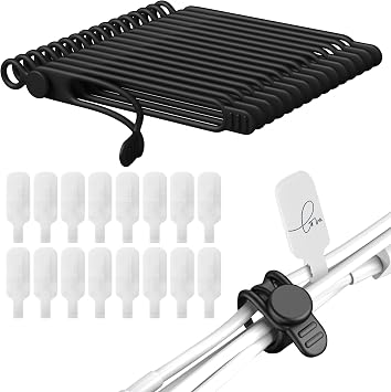 32Pcs Nearockle Cable Labels and Silicone Cable Ties Cable Management Set, Reusable 16 Cable Ties+16 Cord Labels for Electronics, Travel Home Office Desk Wire Organization Black