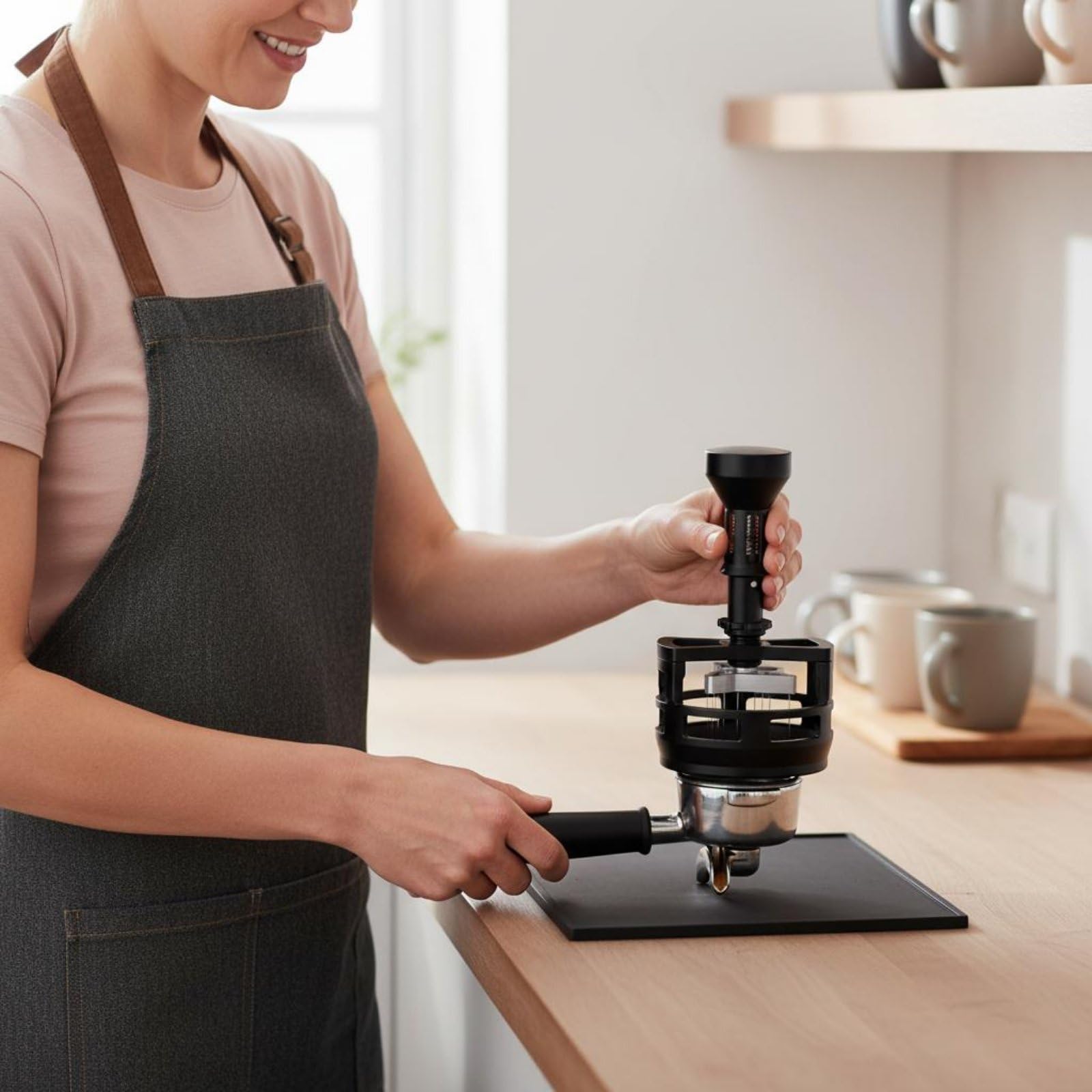 Coffee Distributor Dosatore Espresso Strumento Regolabile con Struttura in Alluminio Base Antiscivolo Adatto per Caffetteria, Nero, 51mm