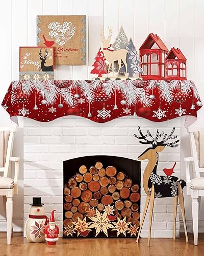Miniatura 3 de Bufanda roja de Navidad, decoración de chimenea, bolas de Navidad, copos de nieve, agujas de pino plateado, mantel de chimenea, camino para
