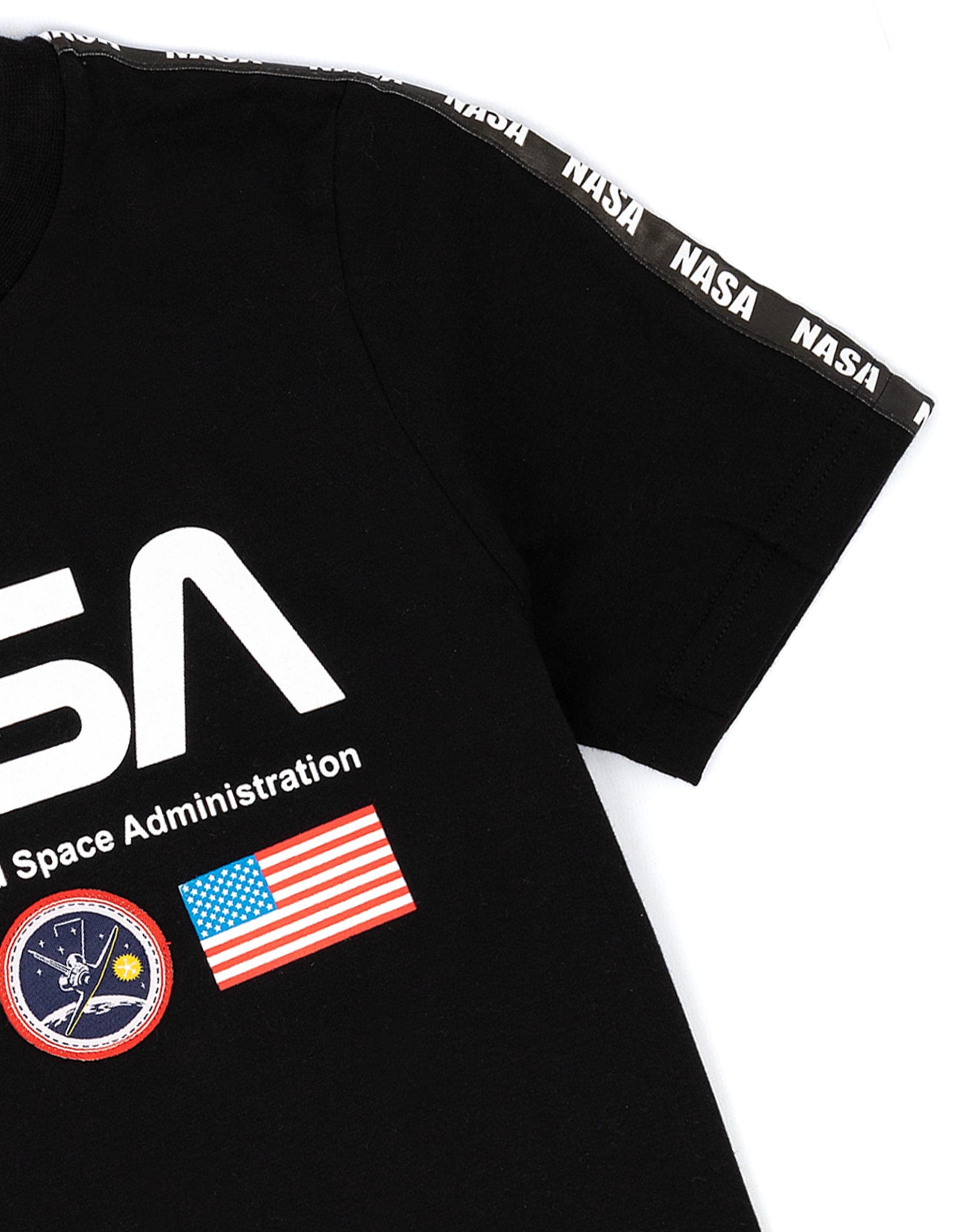 NASA Dziecięca Czarna Koszulka | Chłopięcy Astronauta Administracja Kosmiczna Logo Koszulka z Krótkim Rękawem | Towar Narodowy Aeronautics Clothing Outfit Merchandise