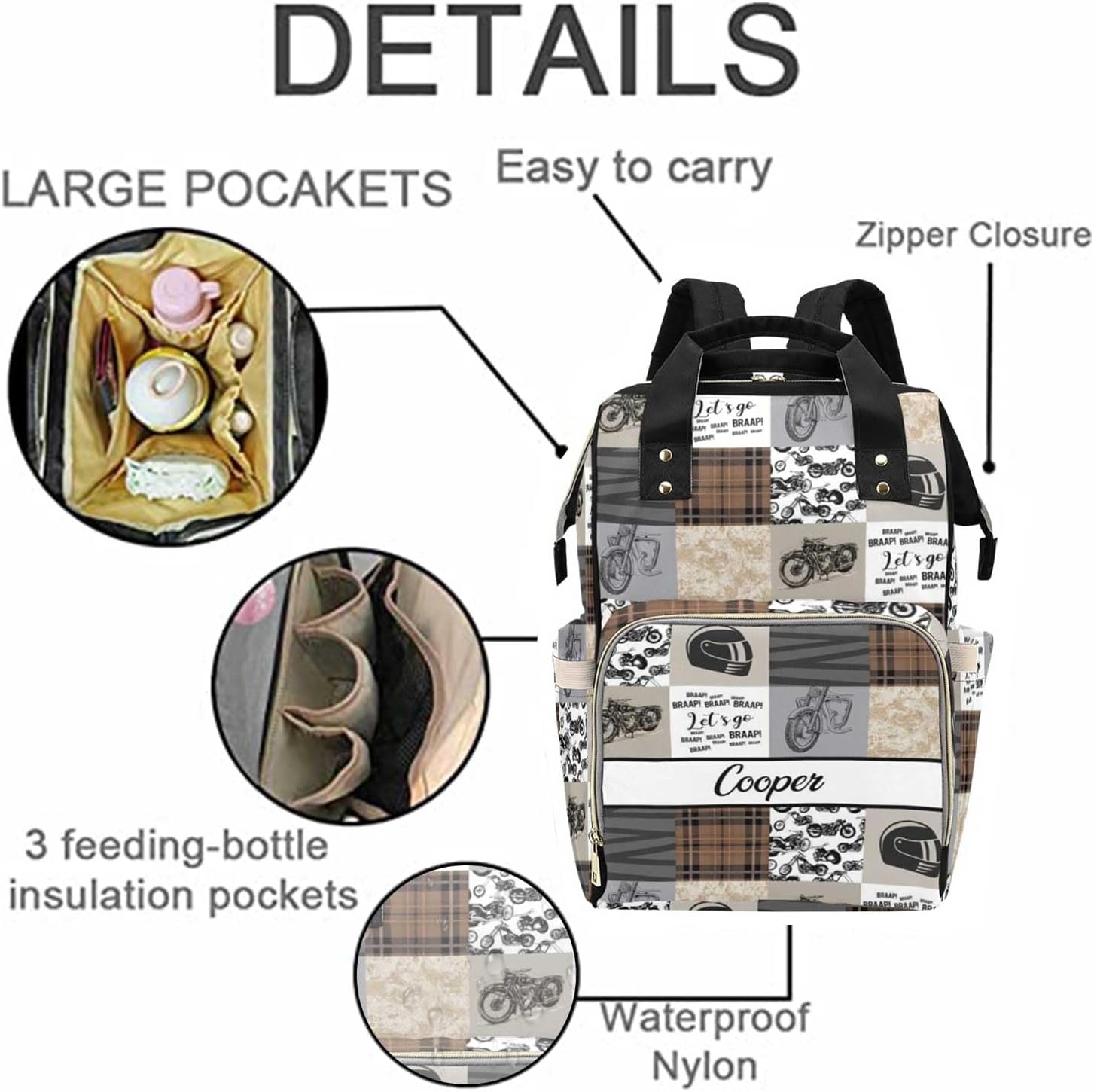 Custom Diaper Bag for Women, Personalized Name Multifunction Nylon Nursing Mommy Daypack with Large Capacity for Travel, Birthday Mother Gift (Motorcycle)