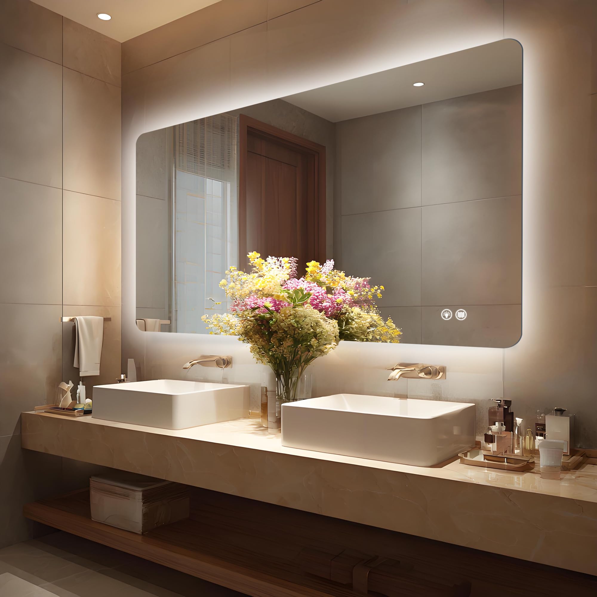 60''x36'' lighted mirrors for bathroom wall backlit rectangular rounded corners, led bathroom mirror frameless with lights anti fog, dimmable, 3 colors,tempered glass, shatter-prooff (color 2)