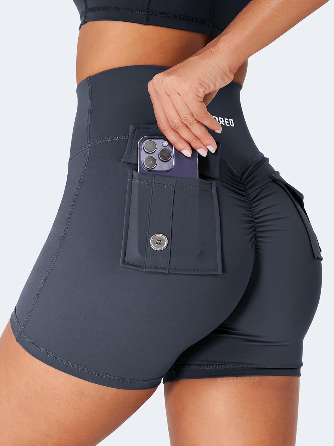 YEOREO CoreFlex Scrunch Workout Shorts with Pockets for Women 4.5" High Waisted Cargo Gym Biker Shorts Tummy Control Yoga - Image 3