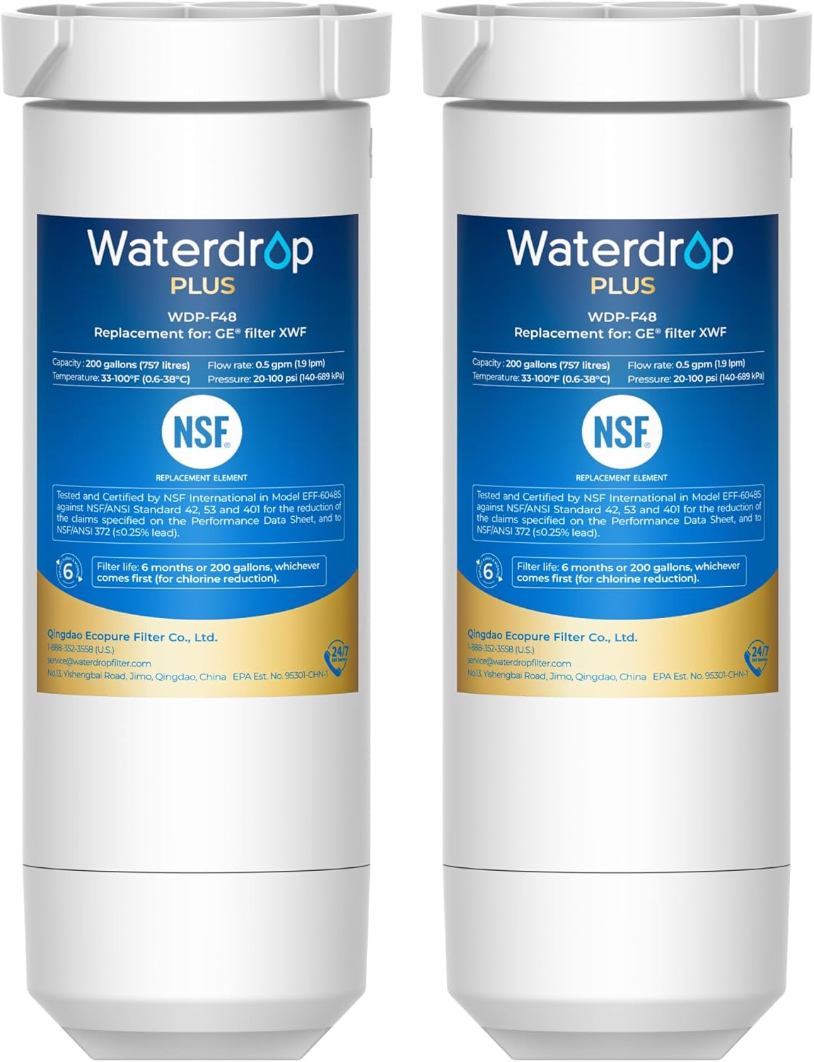 Waterdrop Plus XWF Replacement for GE® XWF, WR17X30702 Refrigerator Water Filter, NSF/ANSI 401&53&42&372 Certified, Reduces RFAS, 2-Pack (Not XWFE)