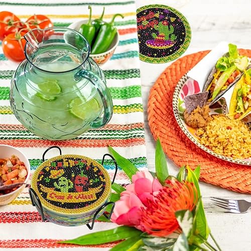 Miniatura 7 de Juego de 8 posavasos de pintura de diamantes con temática mexicana, posavasos de diamante para fiesta del Cinco de Mayo, con soporte para adultos y