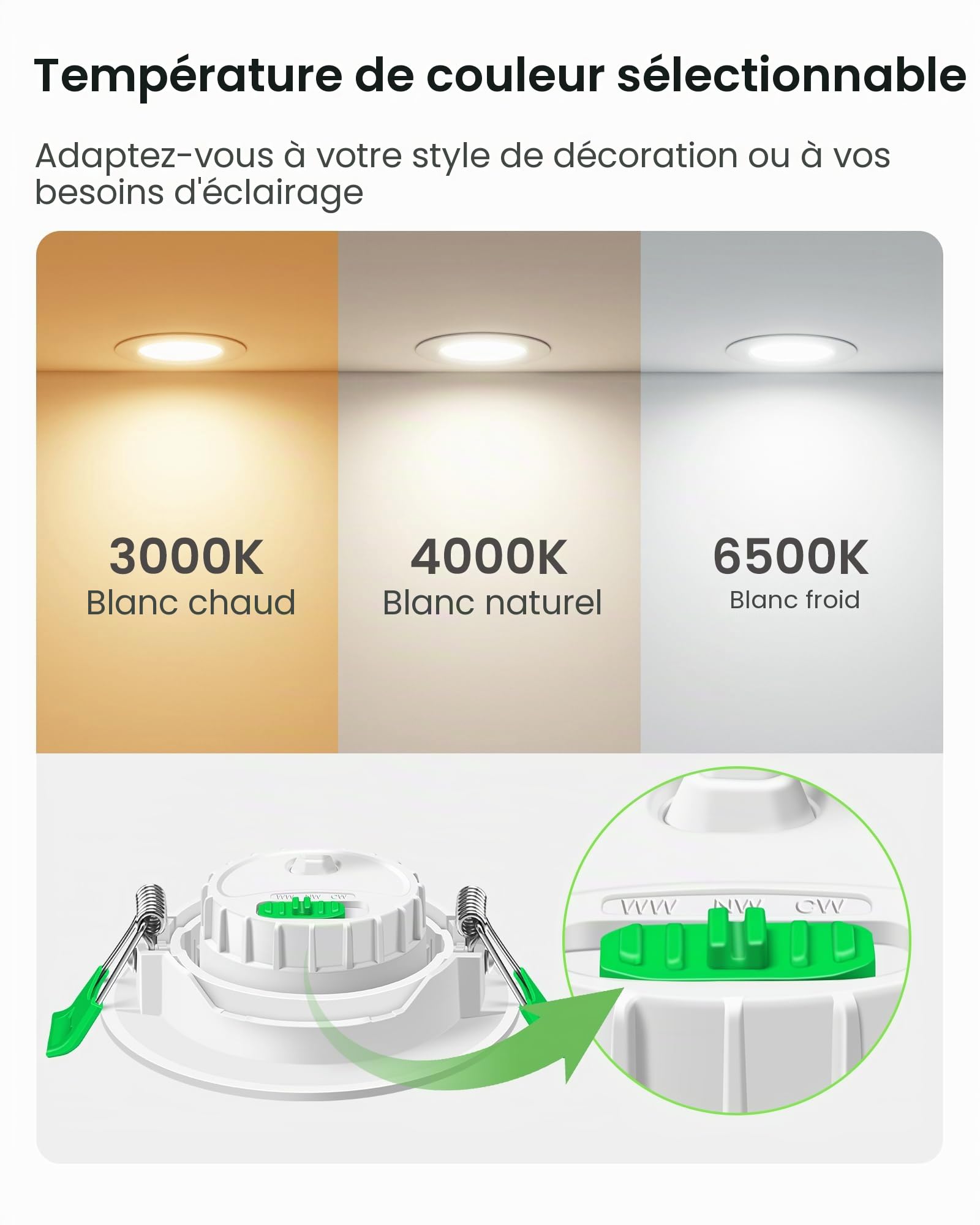 ALUSSO Lot de 6 spots LED encastrables - 230 V - 76 mm - Inclinaison 6 W - 25 mm - 3 CCT - Blanc chaud 3000 K - Blanc naturel 4000 K - Blanc froid 6500 K - Amovible - Intensité variable
