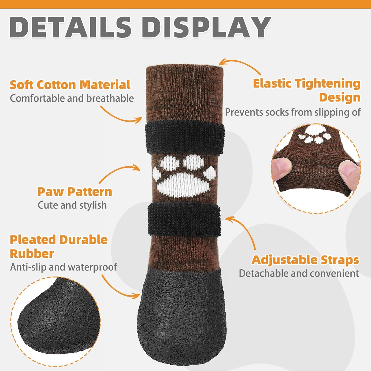 KOOLTAIL Anti Slip Dog Socks to Prevent Licking Paws for Hot/Clod Pavement, Waterproof Long Snow Dog Boots&Paw Protectors with Straps Traction Control for Hardwood Floor for Small Medium Large Dogs Brown with Paw Pattern XX-Large