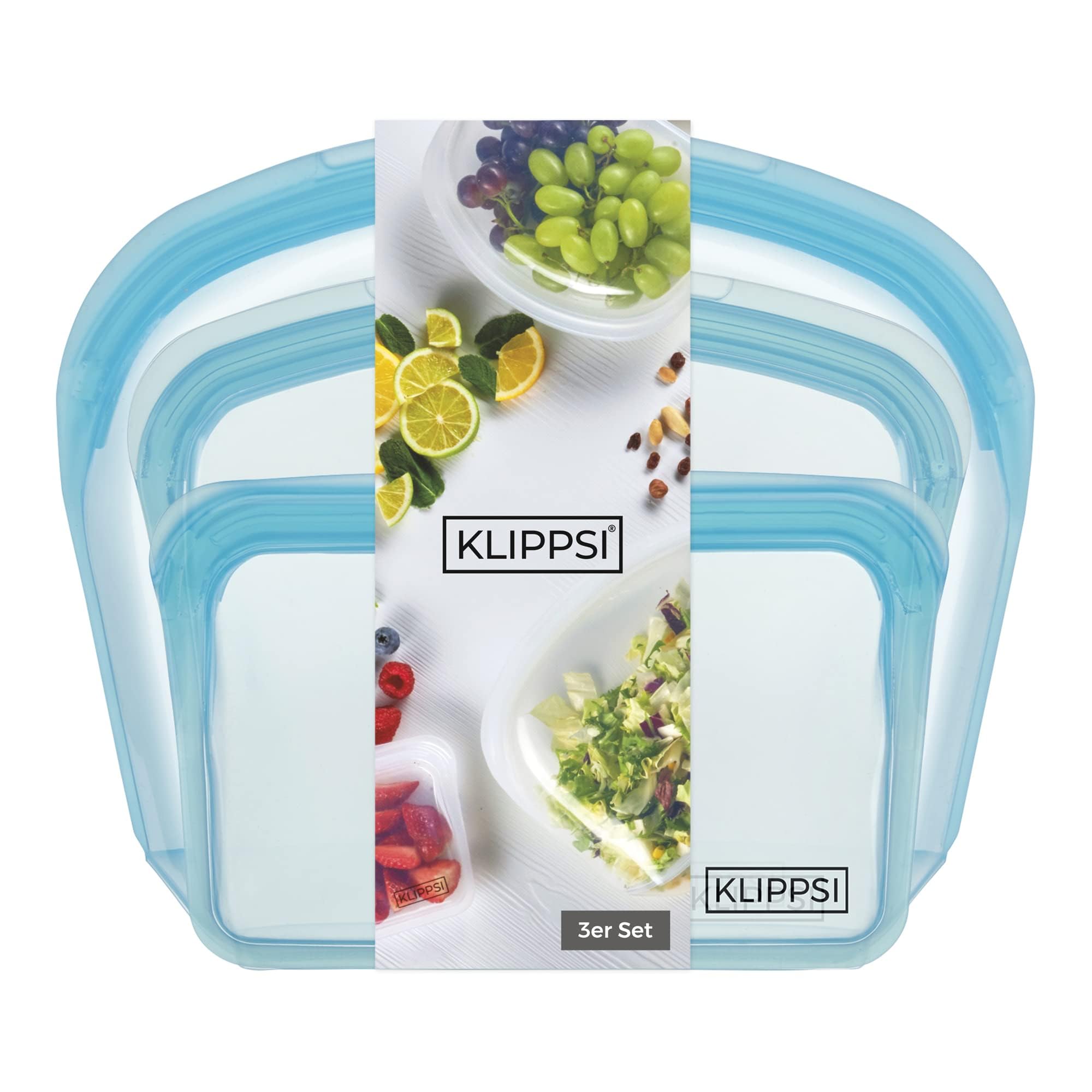 KLIPPSI Reusable Silicone Bags, Set of 3, Blue, Zipper Closure, 100% Platinum Silicone, BPA-Free, Airtight, Leak-Proof