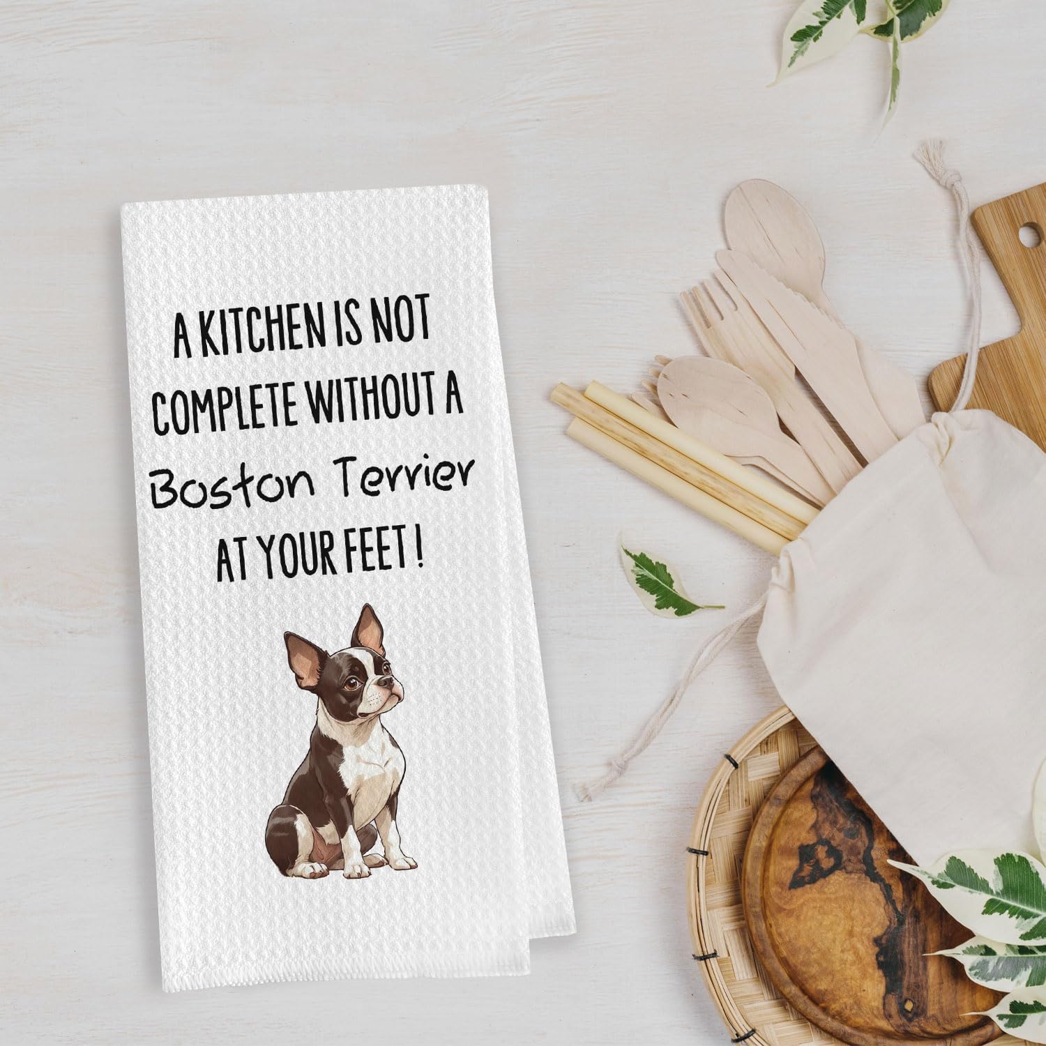 Boston Terrier Dish Towels - Funny Boston Terrier Gifts Decorative Waffle Weave Kitchen Towels, Dog Lover Hand Tea Towel (16×24 Inches) - Image 3