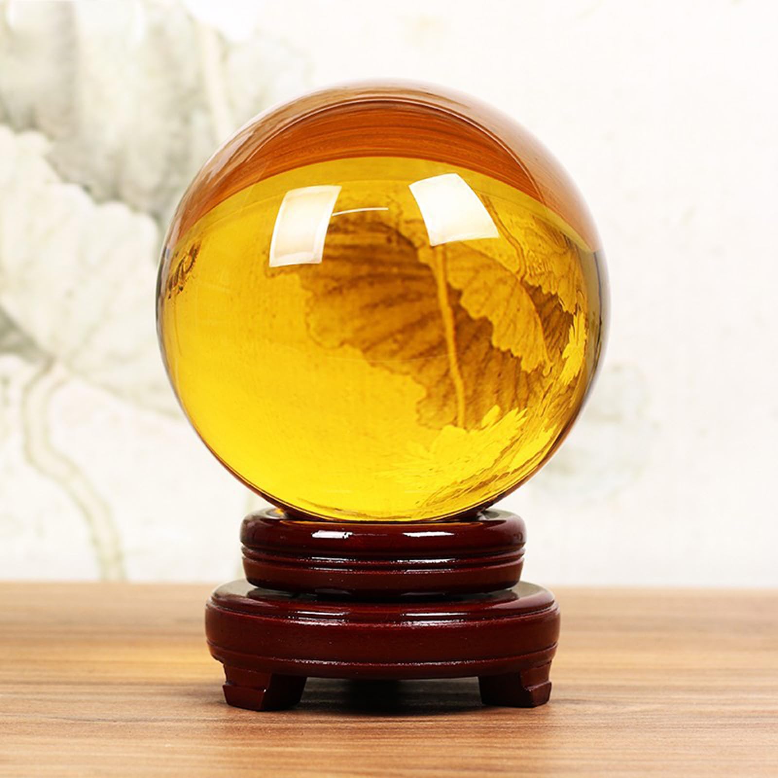 Esfera de Cristal Transparente con Soporte, Bola de Cristal Amarilla de Adivinación de Meditación, Estatuilla de Cristal para Fotografía, Adivinación, Decoración del Hogar,6cm/2.4in