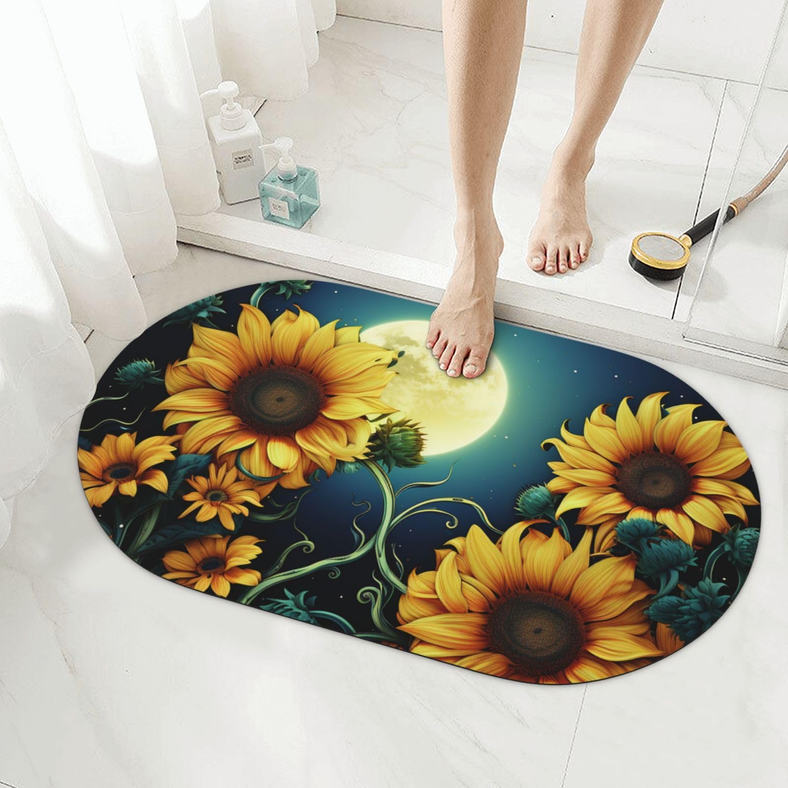 Diatomite et motif tournesol pour ce tapis de bain en pierre haut de gamme