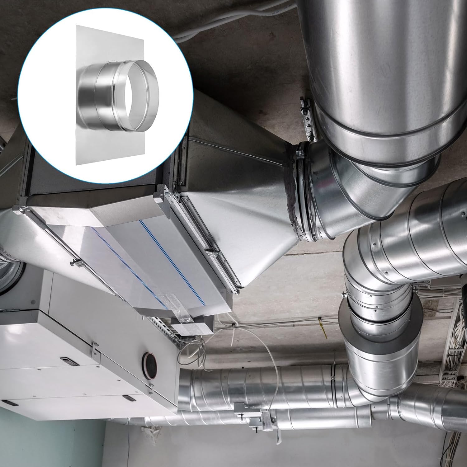 PATIKIL 8" Duct Connector Flange, Galvanized Air Ducting Mounting Plate Dryer Vent Chimney Top Plate Square to Round for Heating Cooling Ventilation HVAC Exhaust Fan Vent Systems, 14"x14"