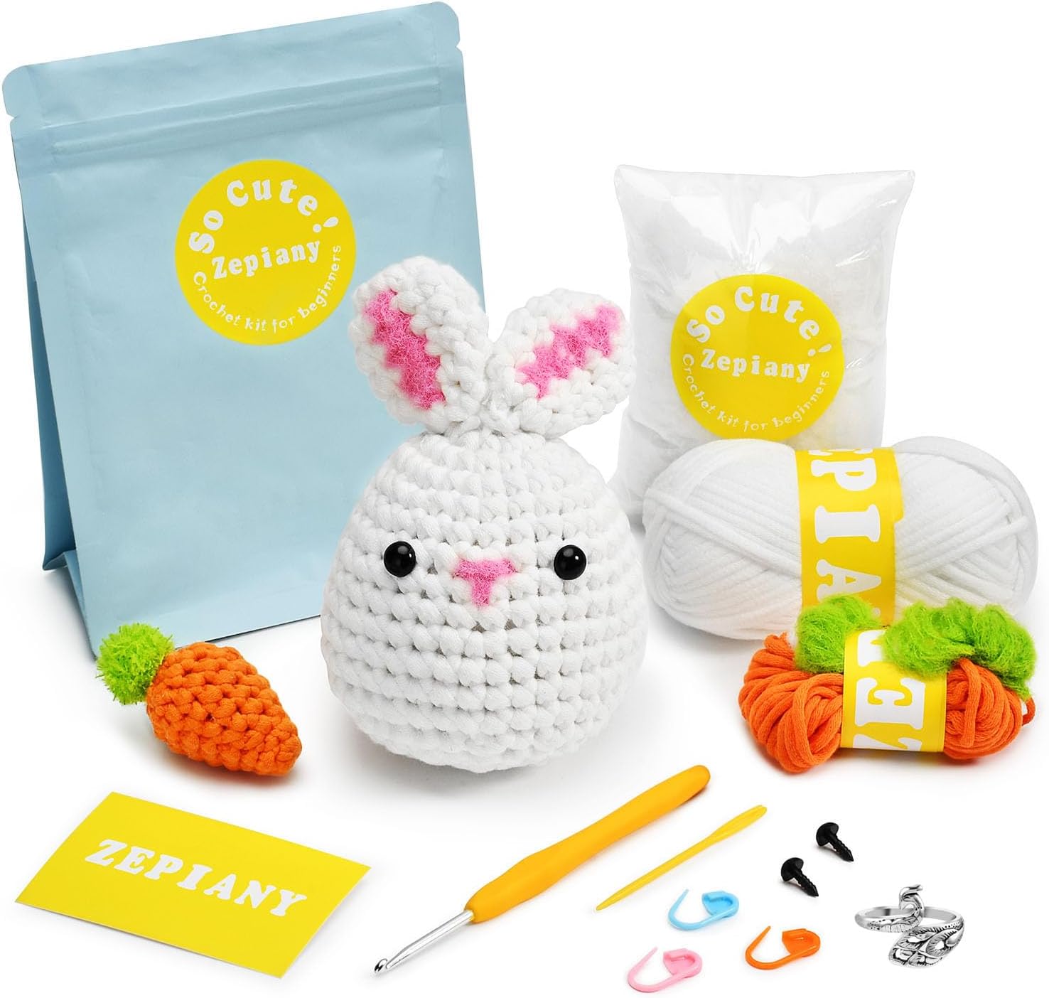 Beginners Crochet Kit, Crochet Animal Kit, All in One Crochet Knitting Kit, Step-by-Step Instructions Video, Crochet Starter Kit for Beginner DIY Craft Art (Rabbit&Carrot)