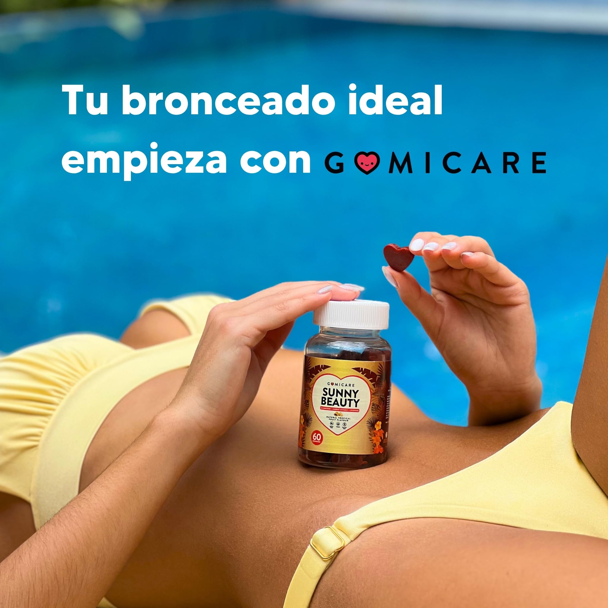 Gominolas bronceadores - Betacaroteno + Astaxantina + Luteina + Licopeno + Cobre - Protege la Piel y Acelera el Bronceado - 60 gominolas - Sin Azúcar - Sin Gluten