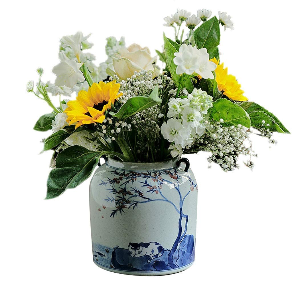 asdchZen Home Decorative Flower Vase Smallll Ceramic Vases, Chinese Hydroponic Vases, Blue And White Porcelain Home Decorations, Cat Patterns Centerpieces Home Office Decor